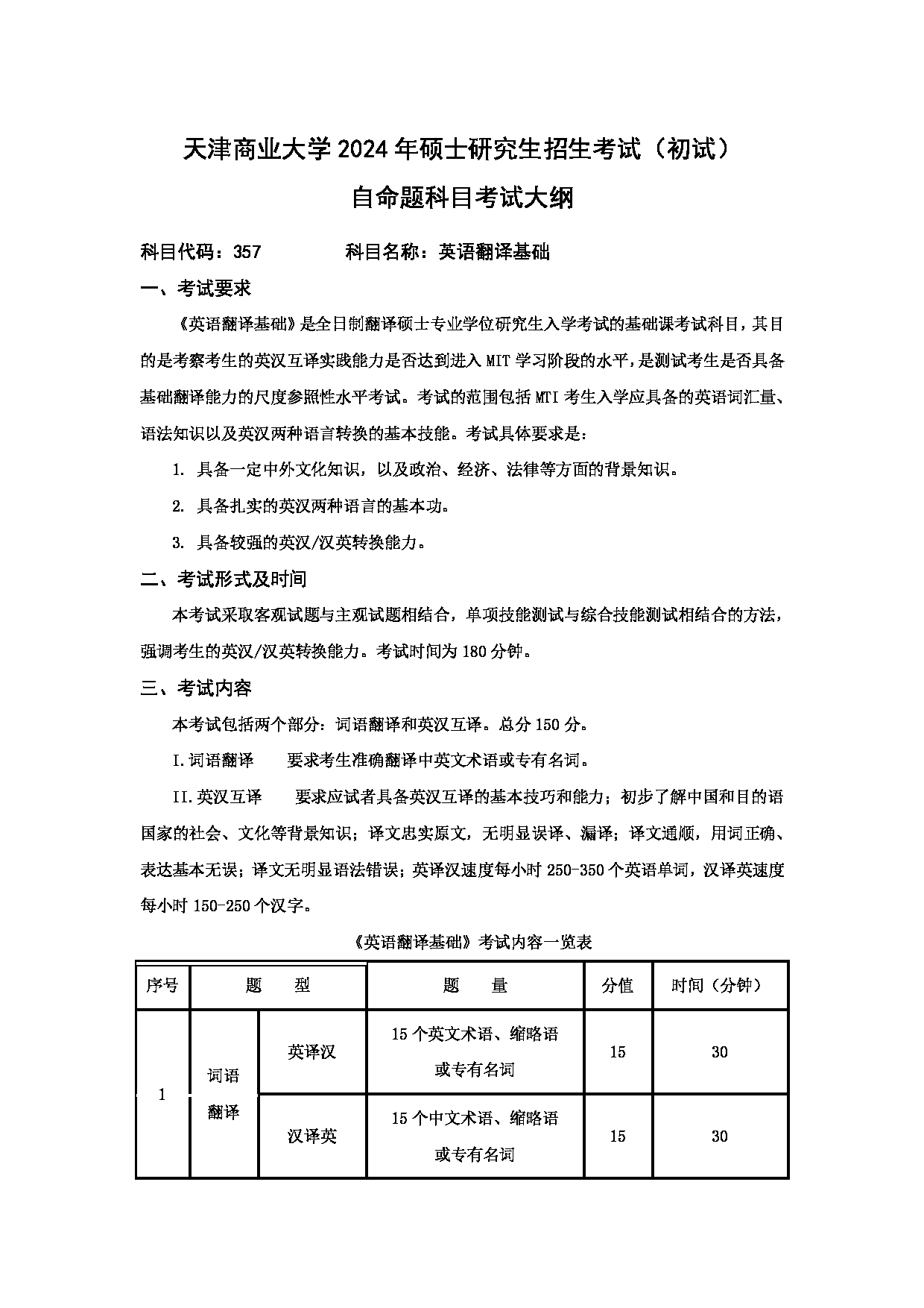 2024考研大纲：天津商业大学2024年考研自命题科目 357 英语翻译基础 考试大纲第1页