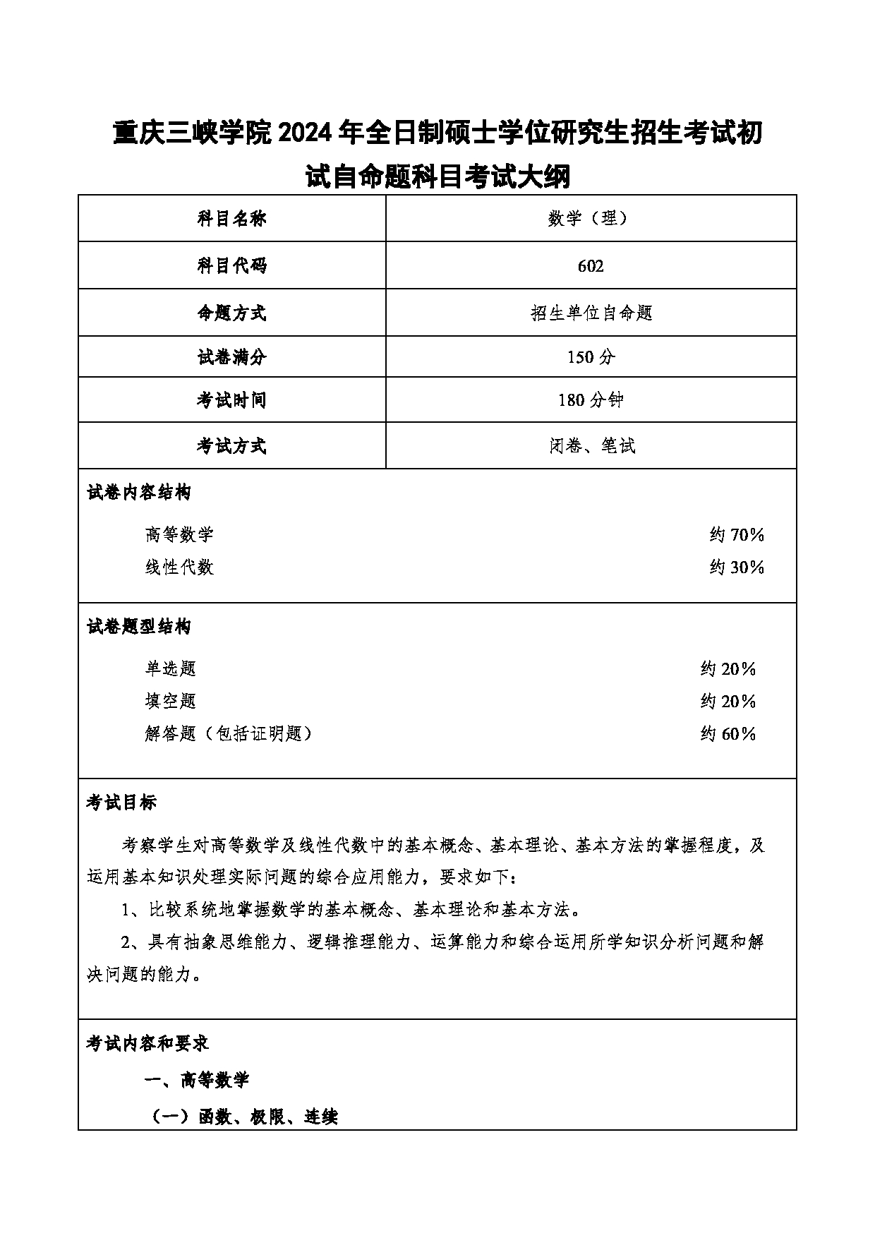 2024考研大纲：重庆三峡学院2024年考研 006环境与化学工程学院 1.初试自命题科目602数学（理） 考试大纲第1页