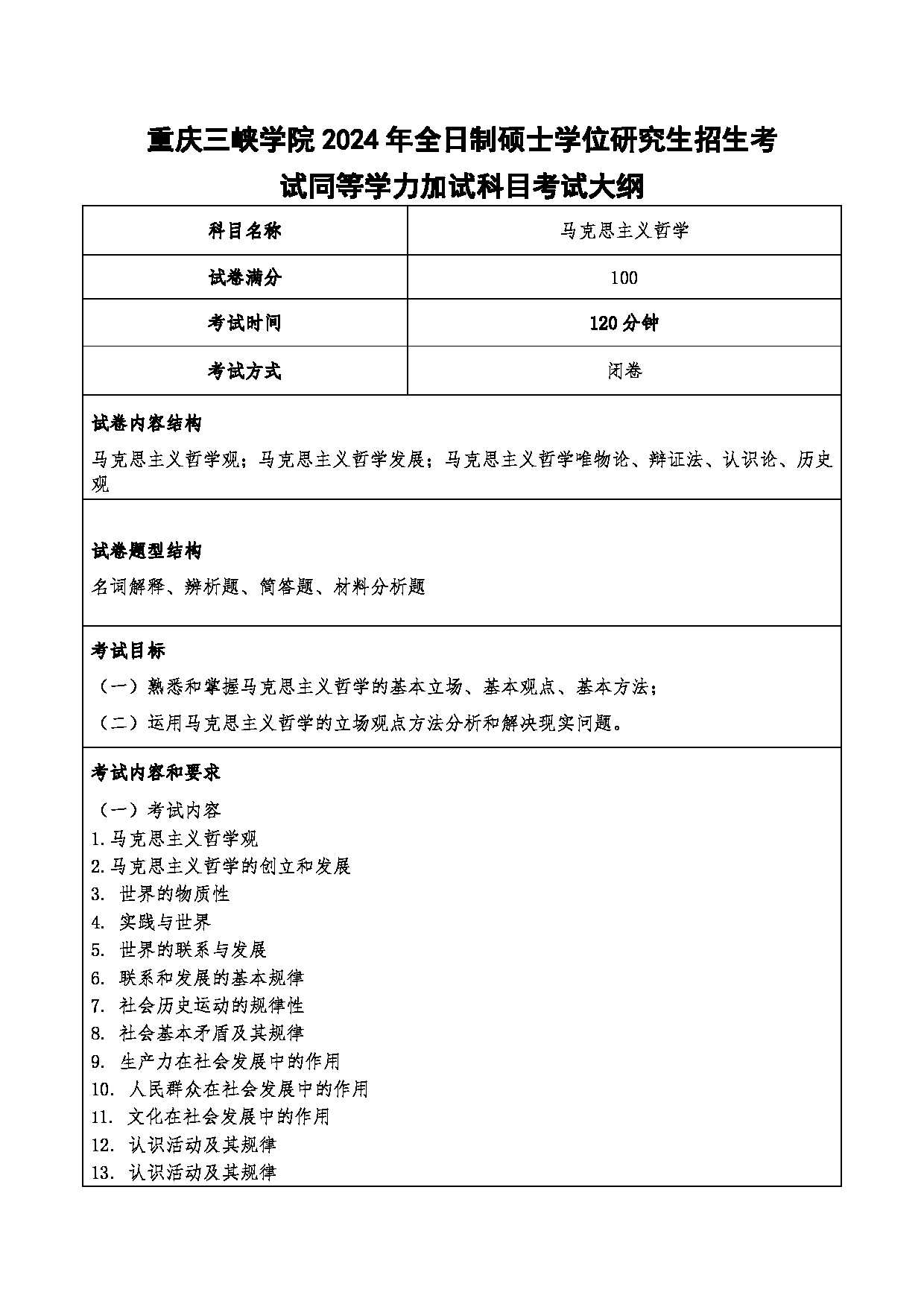 2024考研大纲：重庆三峡学院2024年考研 007马克思主义学院 3.同等学力加试科目马克思主义哲学 考试大纲第1页