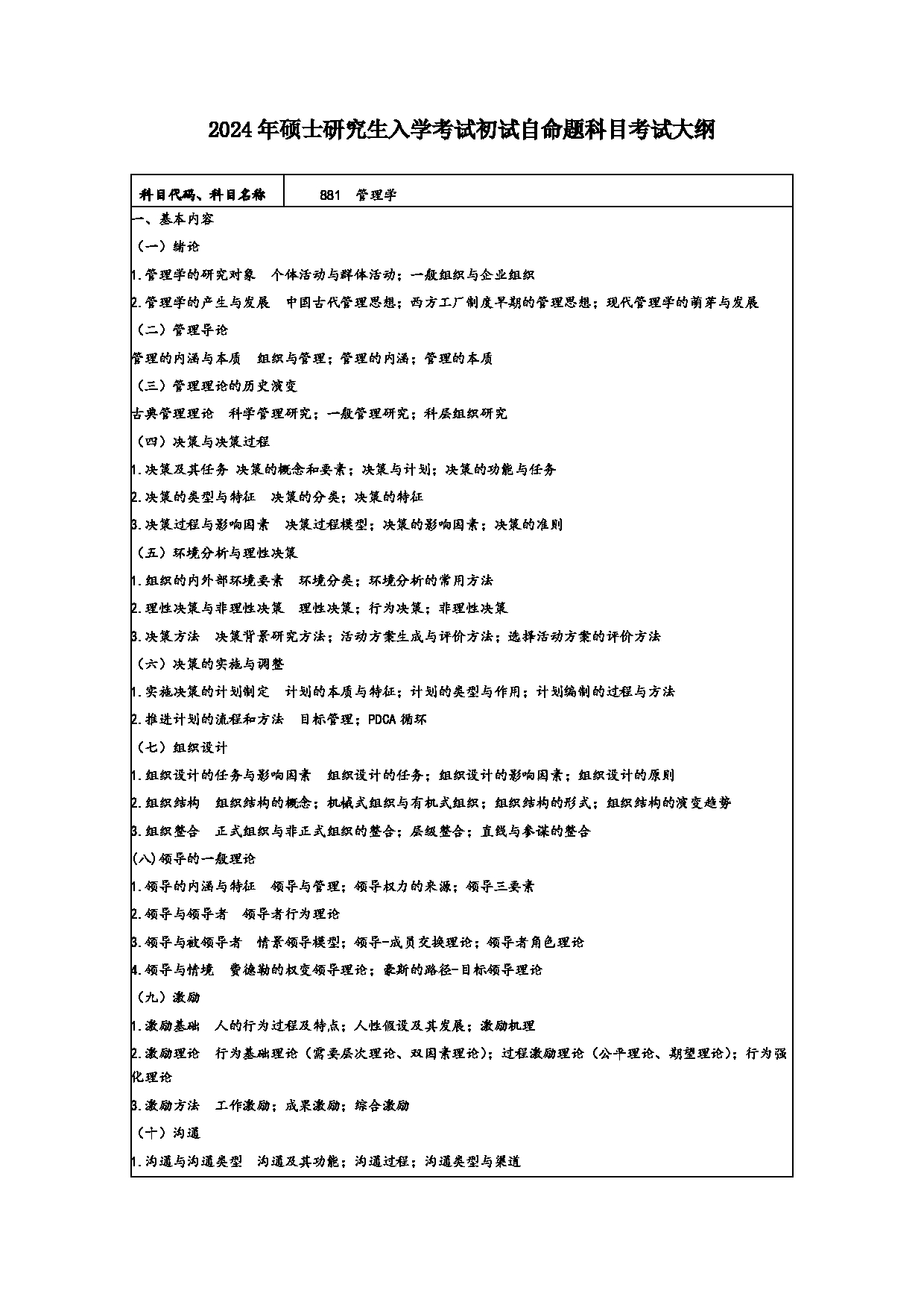 2024考研大纲：常州大学2024年考研自命题科目 881 管理学 考试大纲第1页