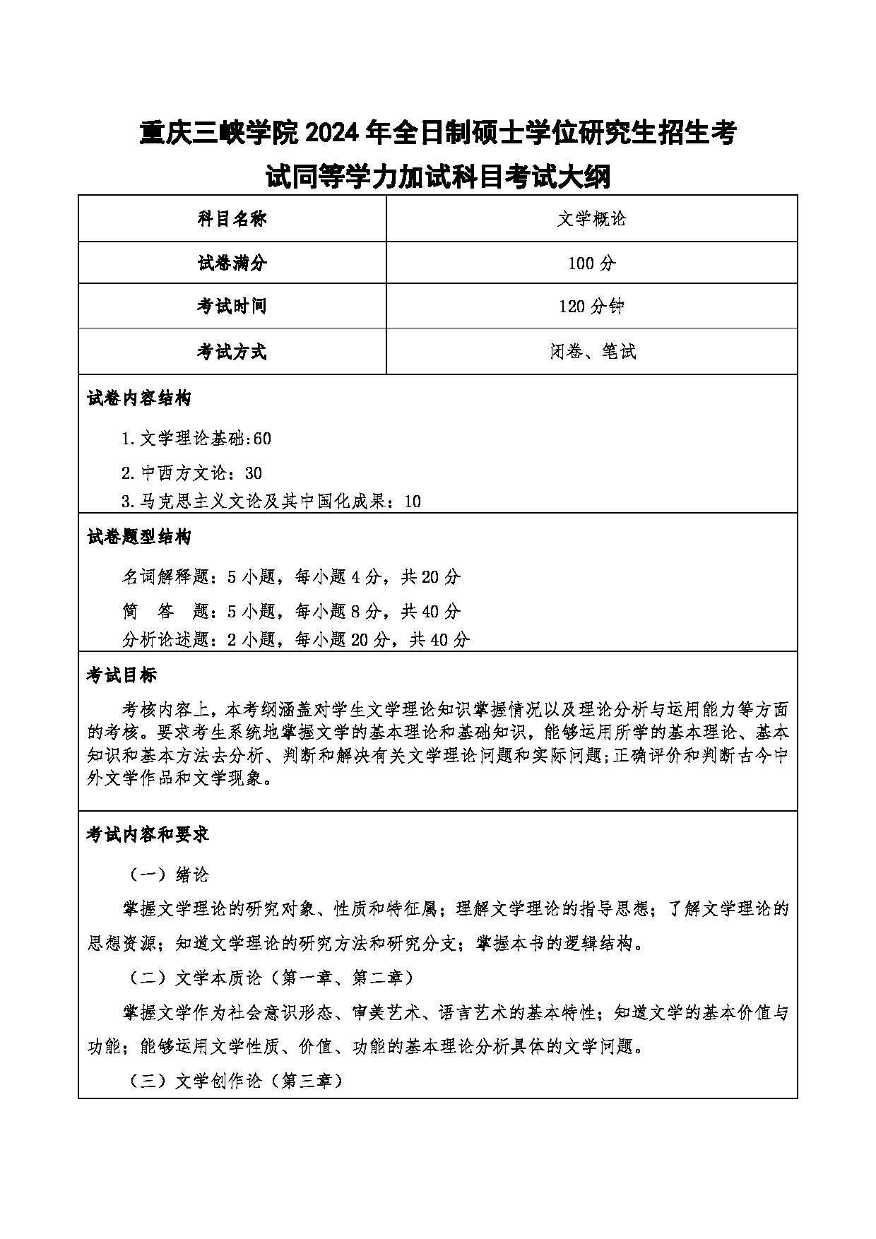 2024考研大纲：重庆三峡学院2024年考研 001文学院 3.同等学力加试科目文学概论 考试大纲第1页