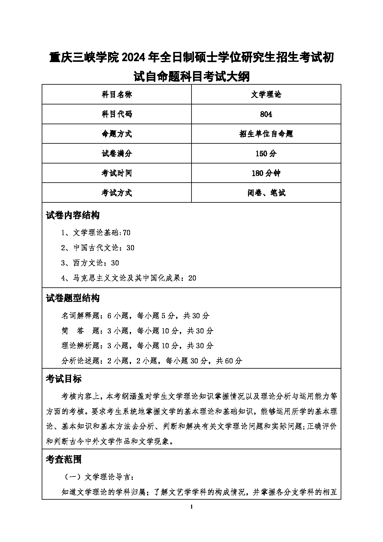 2024考研大纲：重庆三峡学院2024年考研 001文学院 1.初试自命题科目804文学理论 考试大纲第1页