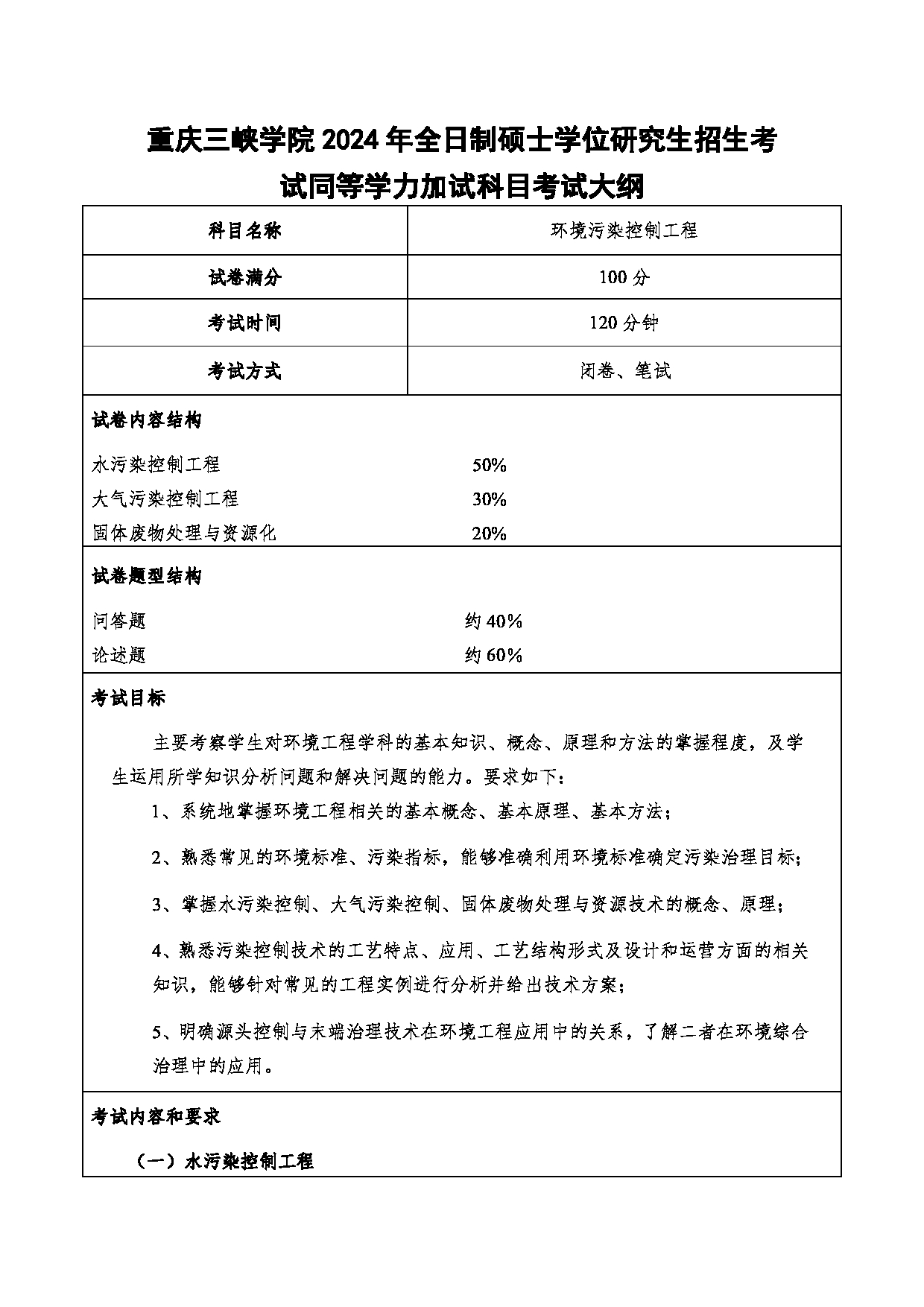 2024考研大纲：重庆三峡学院2024年考研 006环境与化学工程学院 3.同等学力加试科目环境污染控制工程 考试大纲第1页