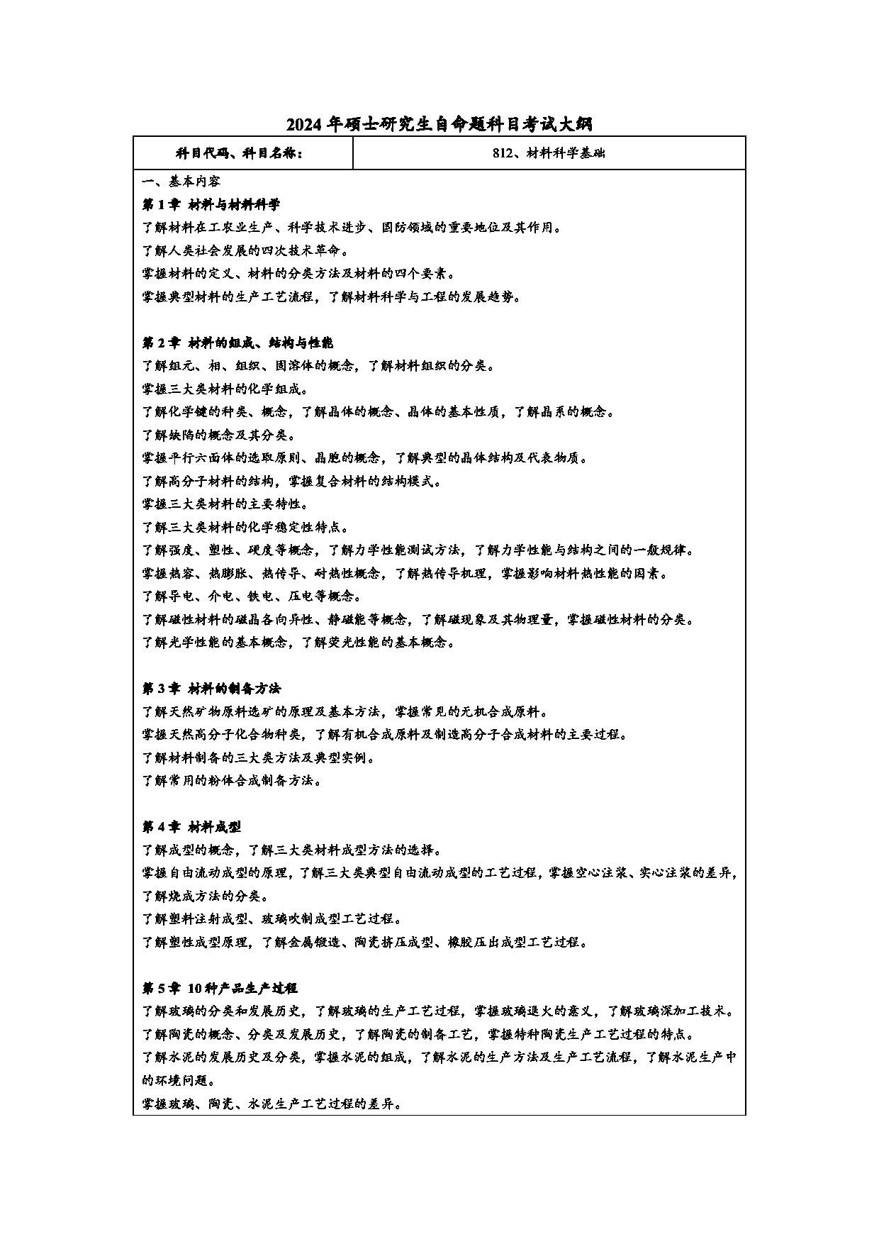 2024考研大纲：常州大学2024年考研自命题科目 812 材料科学基础 考试大纲第1页