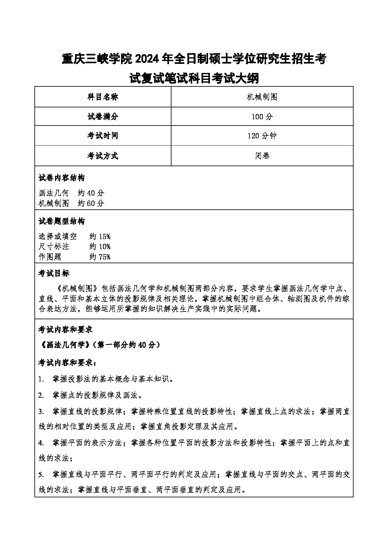 2024考研大纲：重庆三峡学院2024年考研 004机械工程学院 2.复试笔试科目机械制图 考试大纲第1页