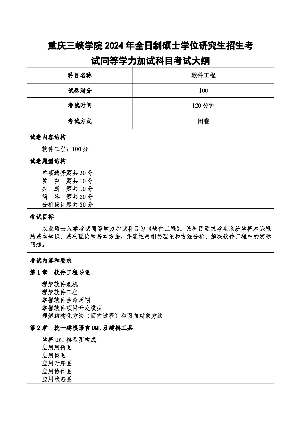 2024考研大纲：重庆三峡学院2024年考研 013计算机科学与工程学院 3.同等学力加试科目软件工程 考试大纲第1页