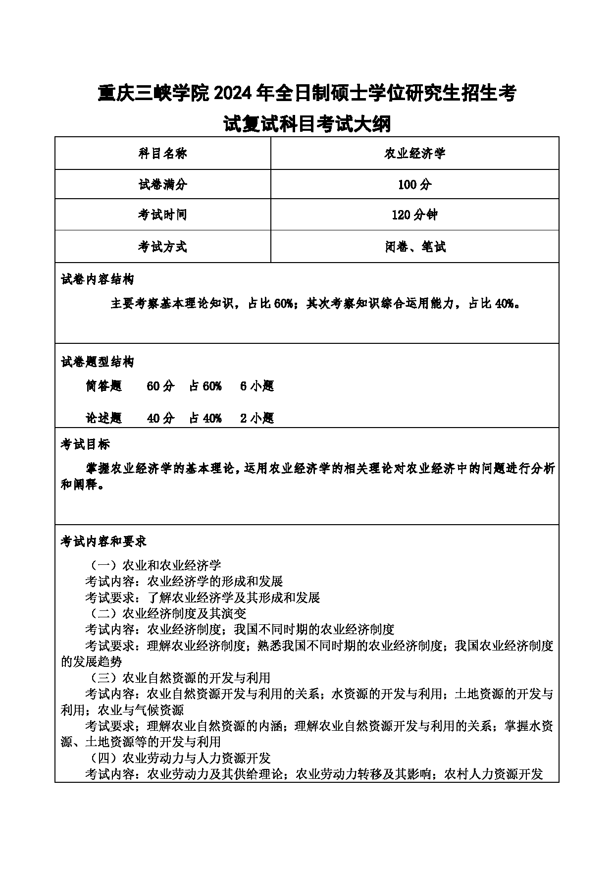 2024考研大纲：重庆三峡学院2024年考研 012财经学院 2.复试笔试科目农业经济学 考试大纲第1页