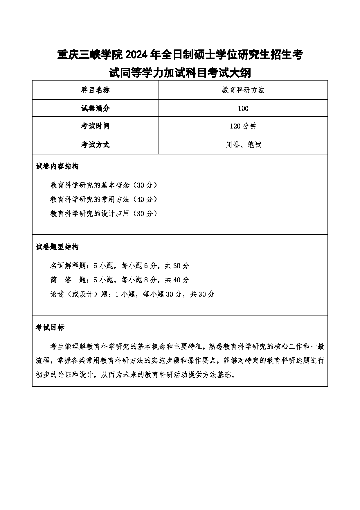 2024考研大纲：重庆三峡学院2024年考研 015教师教育学院 3.同等学力加试科目教育科研方法 考试大纲第1页