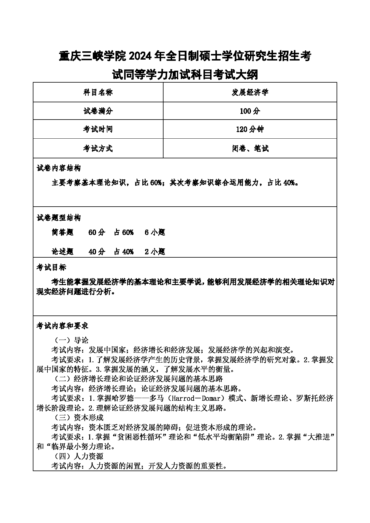 2024考研大纲：重庆三峡学院2024年考研 012财经学院 3.同等学力加试科目发展经济学 考试大纲第1页