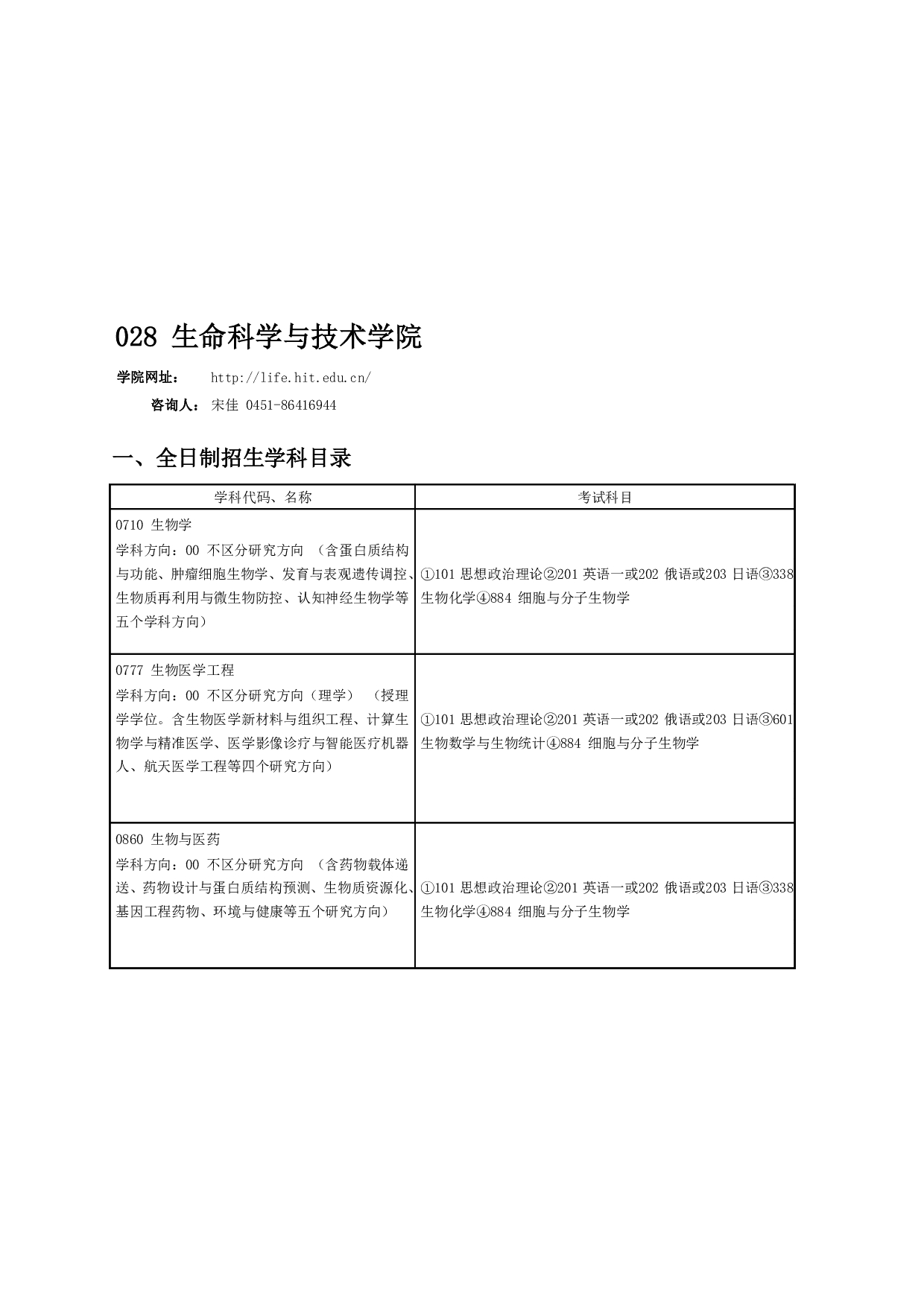 2024招生目录：哈尔滨工业大学2024年生命科学与技术学院 研究生招生专业目录第1页