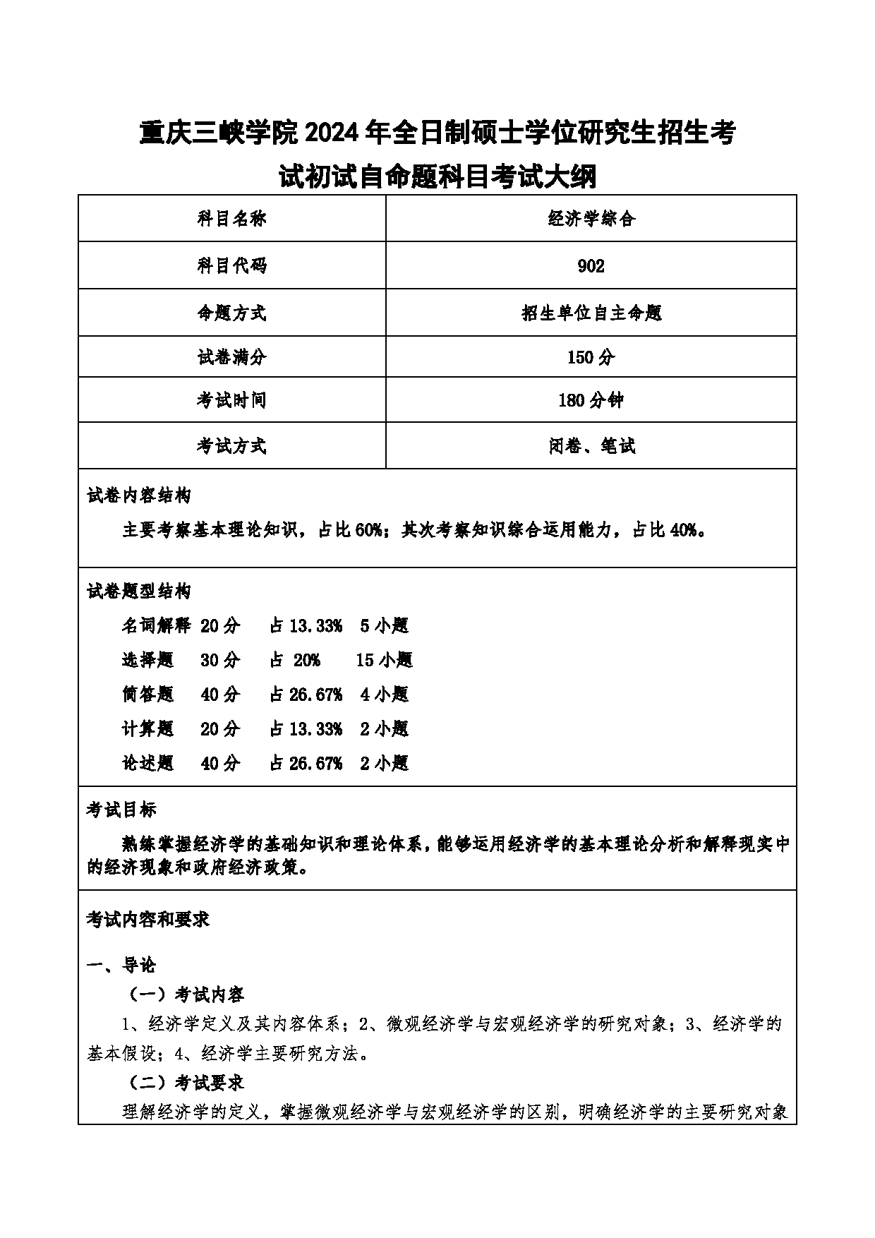 2024考研大纲：重庆三峡学院2024年考研 012财经学院 1.初试自命题科目902经济学综合 考试大纲第1页