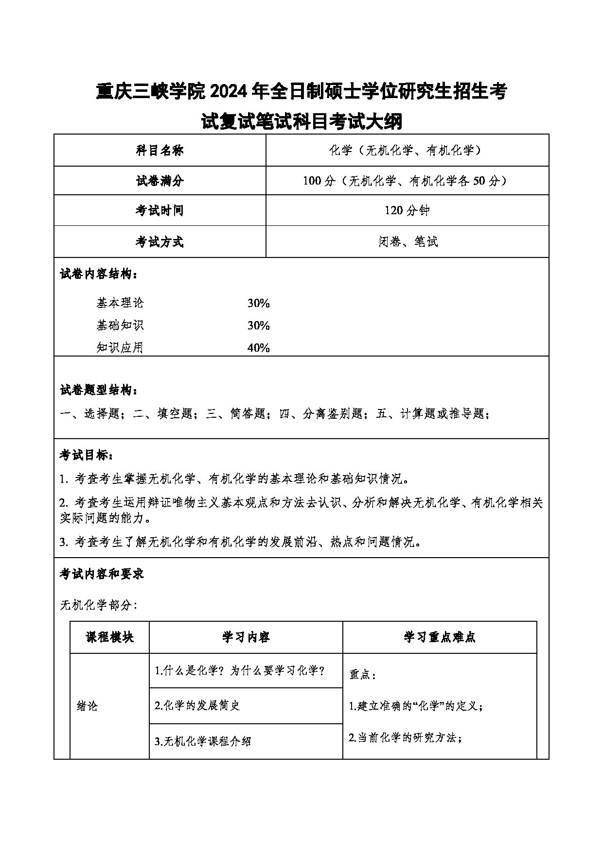 2024考研大纲：重庆三峡学院2024年考研 006环境与化学工程学院 2.复试笔试科目化学（无机化学、有机化学） 考试大纲第1页