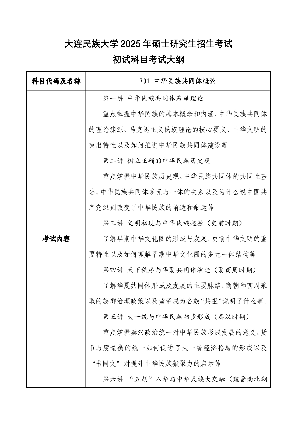 2025考研大纲：大连民族大学2025年考研自命题科目 701-中华民族共同体概论 考试大纲第1页