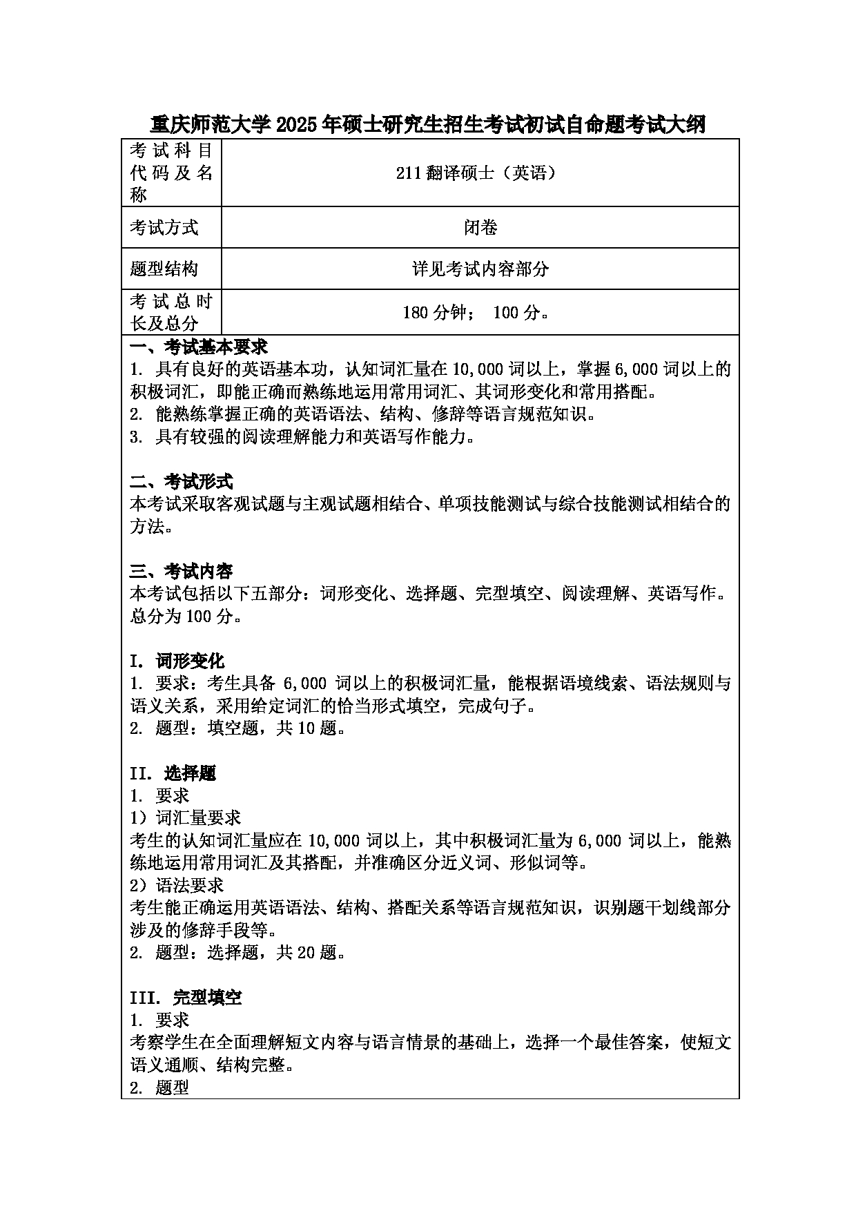 2025考研大纲：重庆师范大学2025年考研自命题科目 211翻译硕士（英语） 考试大纲第1页