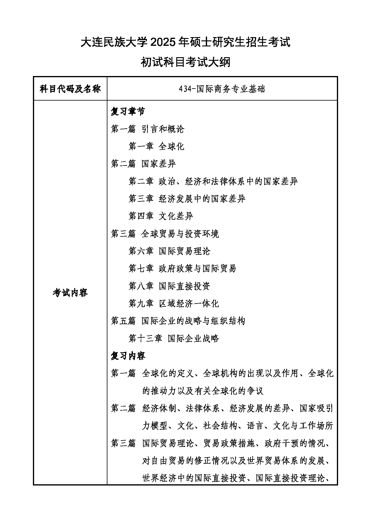 2025考研大纲：大连民族大学2025年考研自命题科目 434-国际商务专业基础 考试大纲第1页