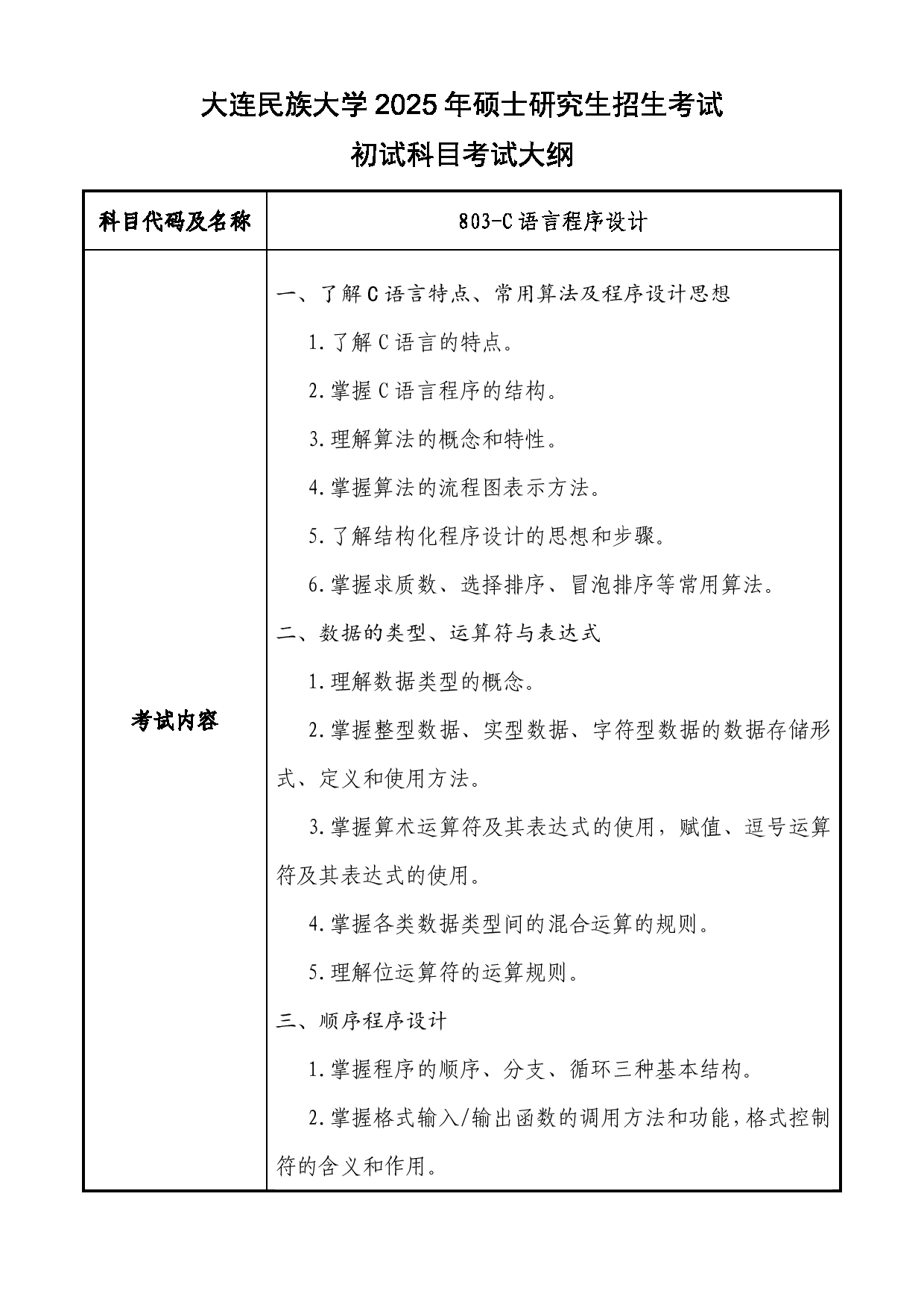 2025考研大纲：大连民族大学2025年考研自命题科目 803-C语言程序设计 考试大纲第1页