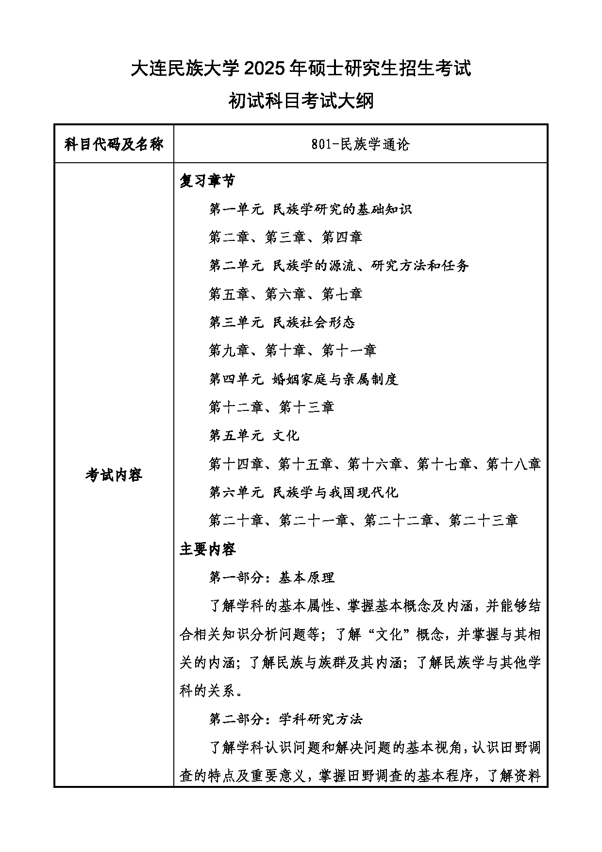 2025考研大纲：大连民族大学2025年考研自命题科目 801-民族学通论 考试大纲第1页