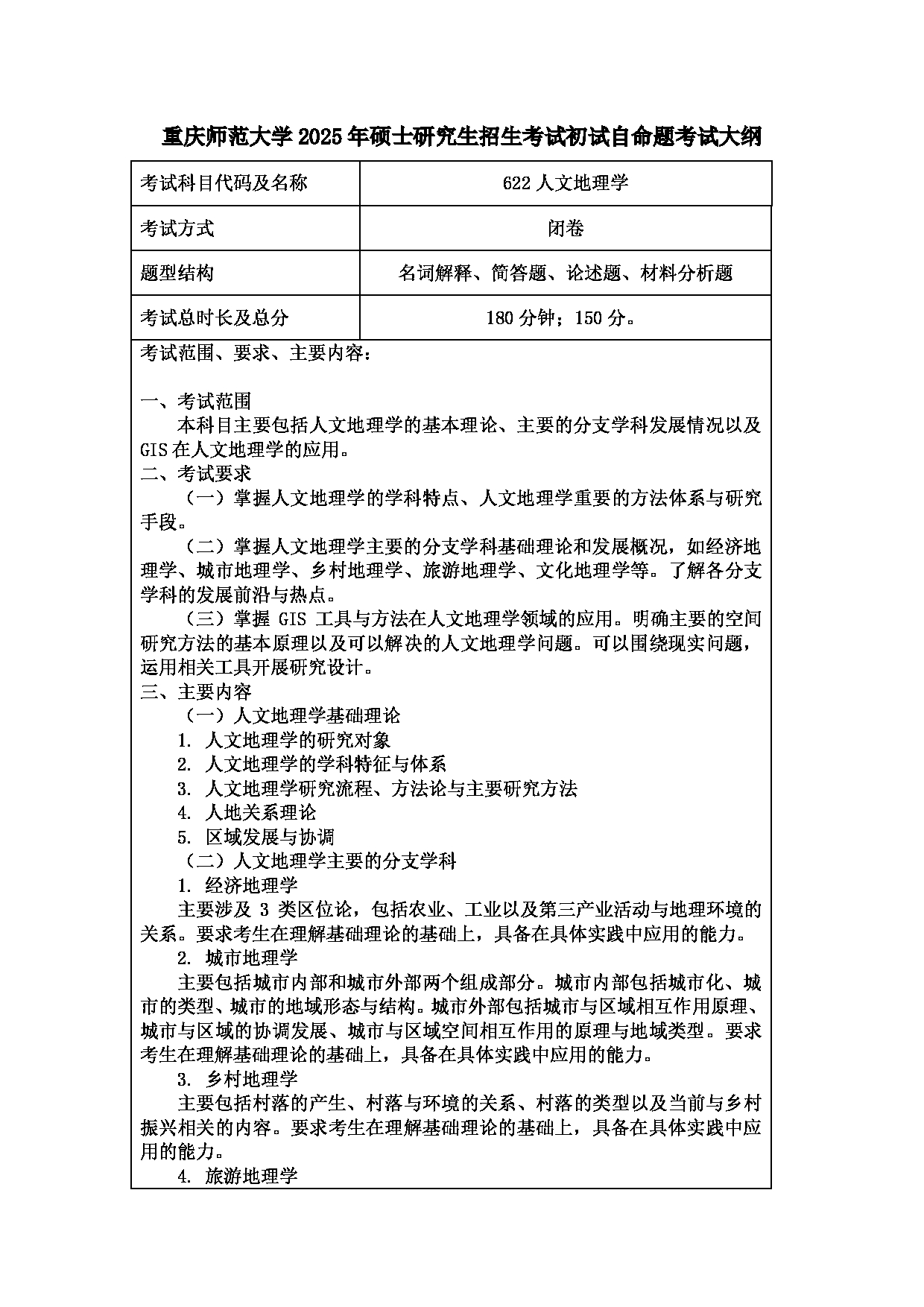 2025考研大纲：重庆师范大学2025年考研自命题科目 622人文地理学 考试大纲第1页