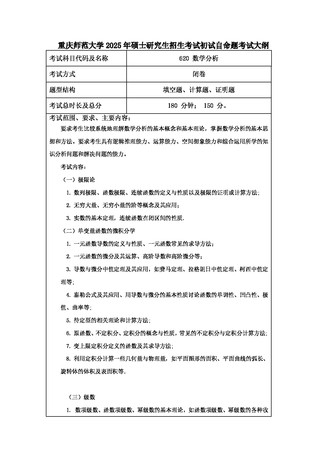 2025考研大纲：重庆师范大学2025年考研自命题科目 620数学分析 考试大纲第1页