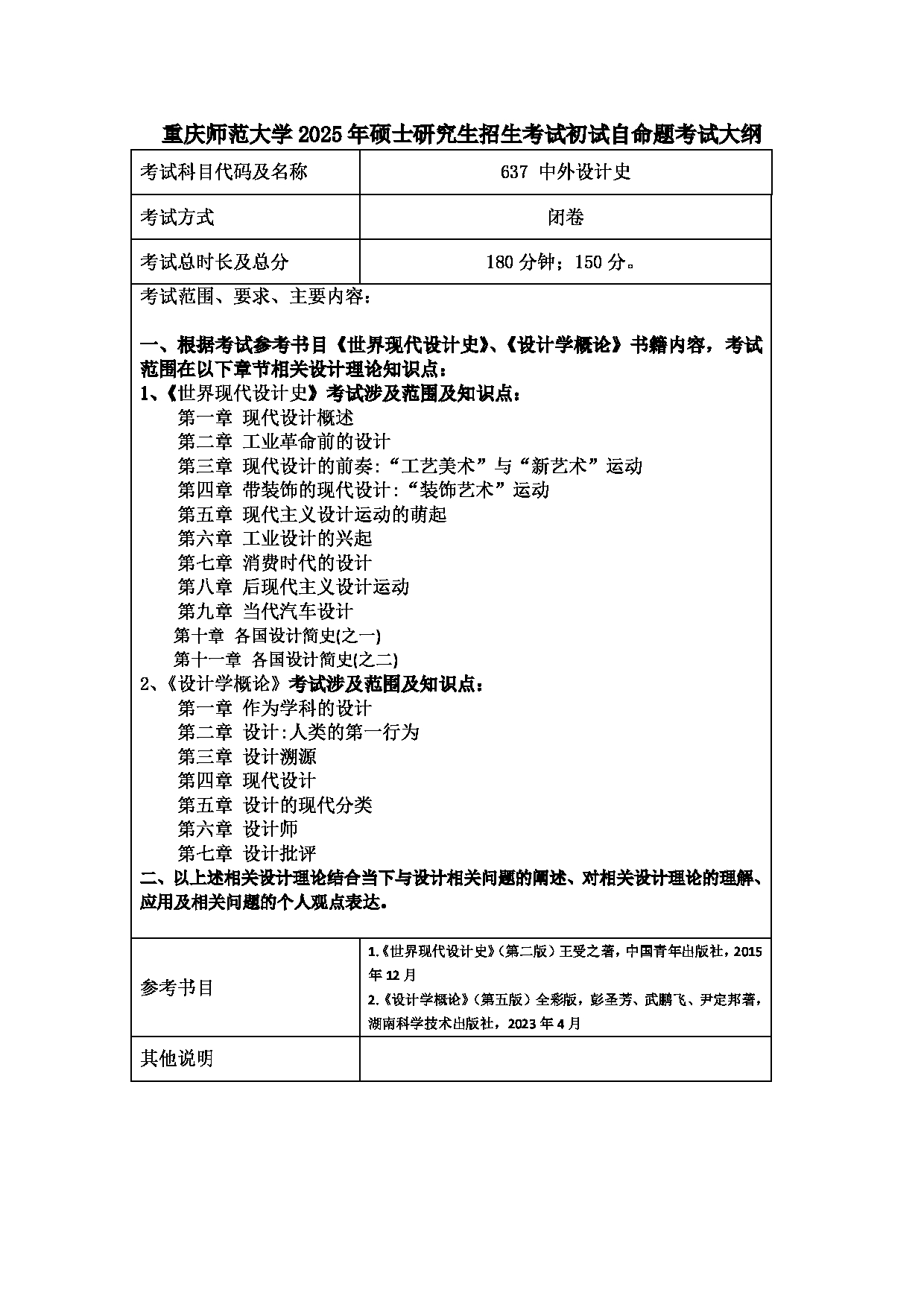 2025考研大纲：重庆师范大学2025年考研自命题科目 637中外设计史 考试大纲第1页