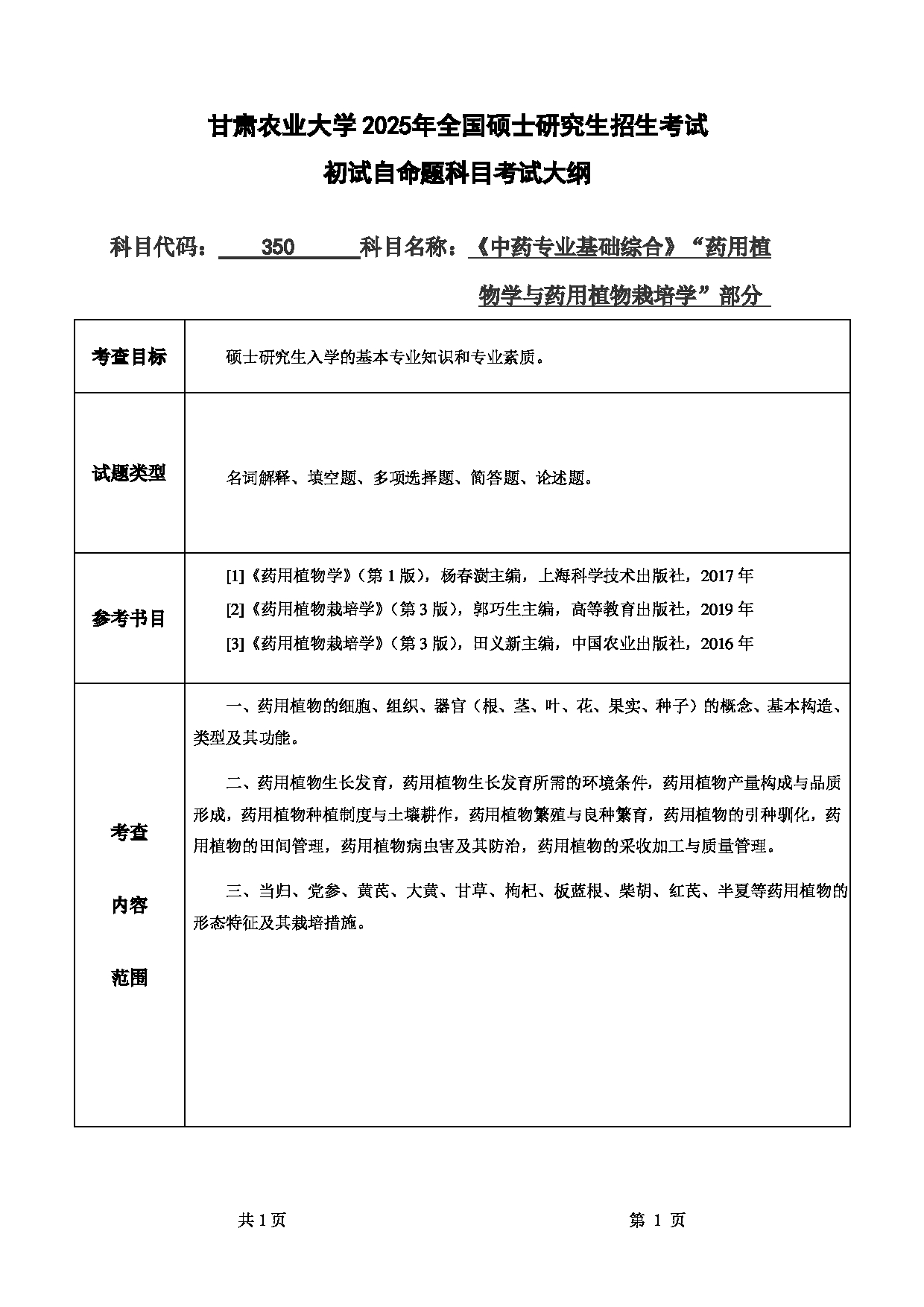 2025考研大纲：甘肃农业大学2025年考研350中药专业基础综合（“药用植物学与药用植物栽培学”部分）考试大纲第1页