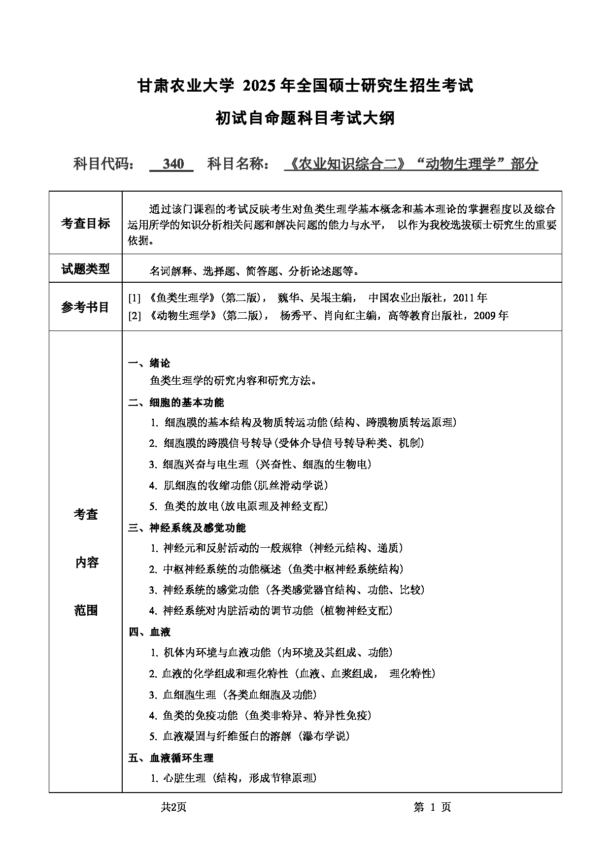 2025考研大纲：甘肃农业大学2025年考研340农业知识综合二（“动物生理学”部分）考试大纲第1页