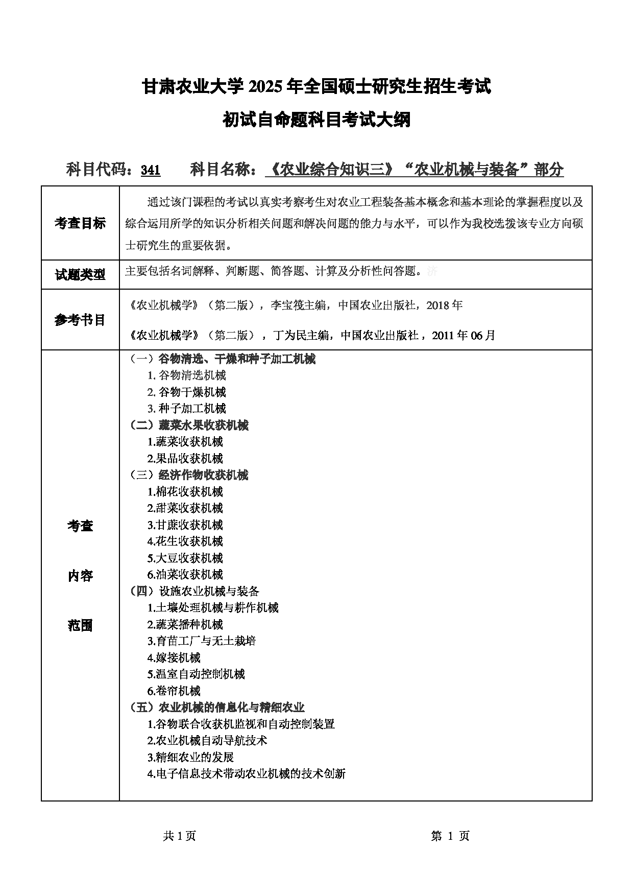 2025考研大纲：甘肃农业大学2025年考研341农业综合知识三（“农业机械与装备”部分）考试大纲第1页