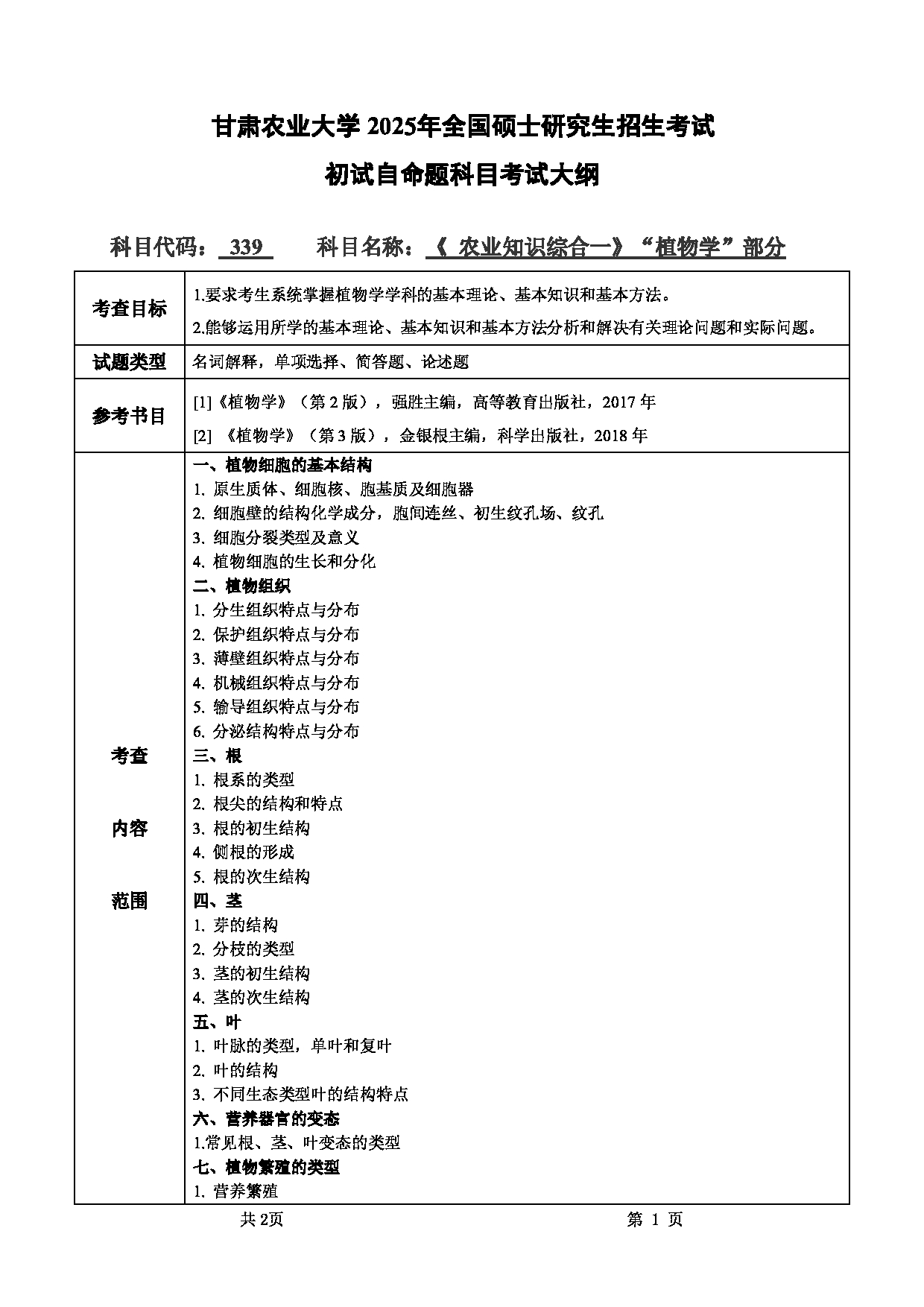 2025考研大纲：甘肃农业大学2025年考研339农业知识综合一（“植物学”部分）考试大纲第1页