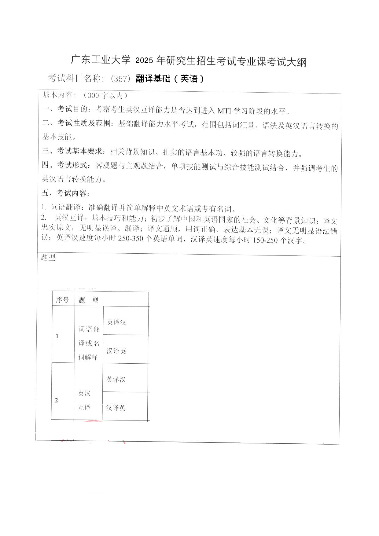 2025考研大纲：广东工业大学2025年考研自命题科目 (357)翻译基础（英语） 考试大纲第1页