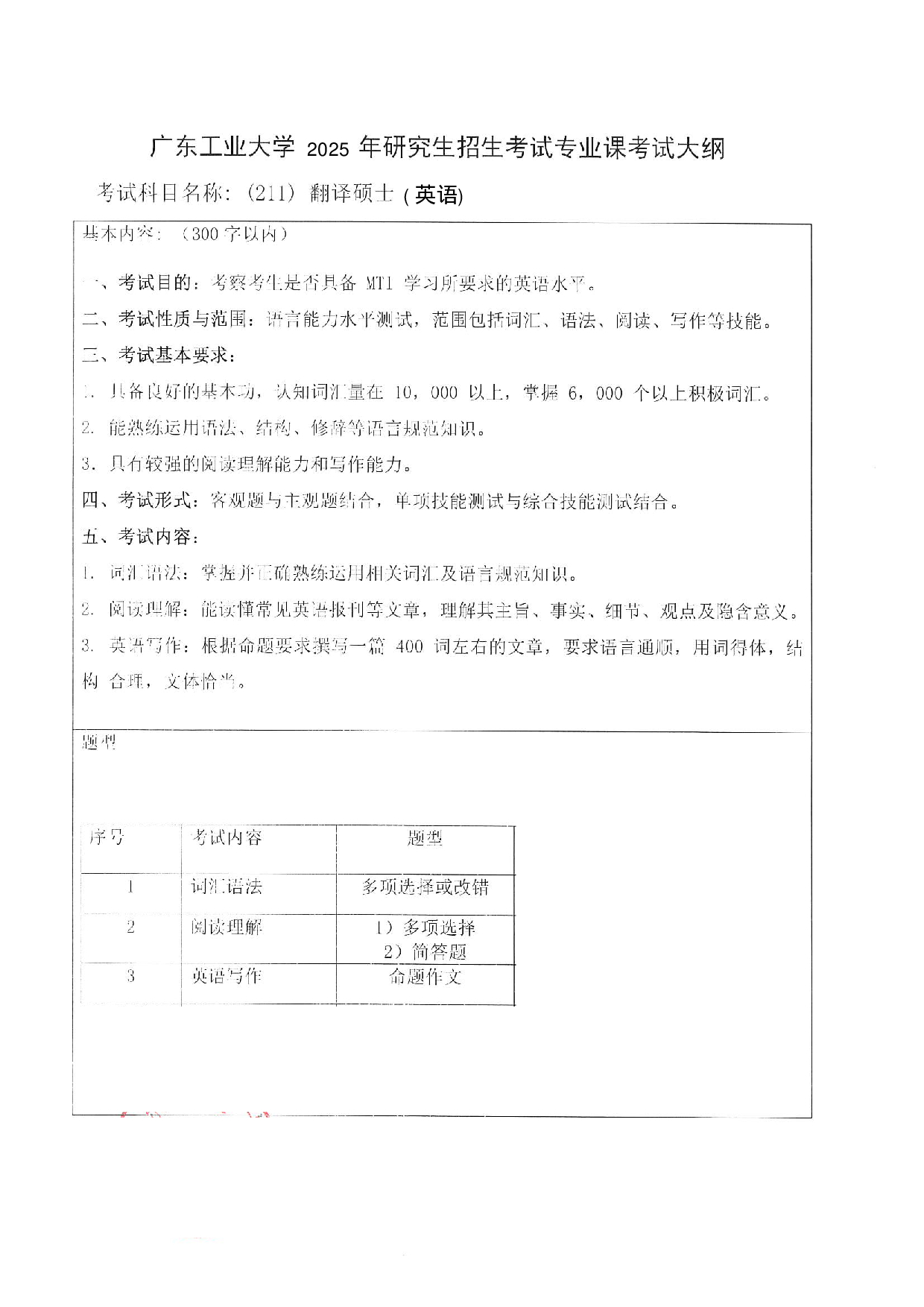 2025考研大纲：广东工业大学2025年考研自命题科目 (211)翻译硕士（英语） 考试大纲第1页