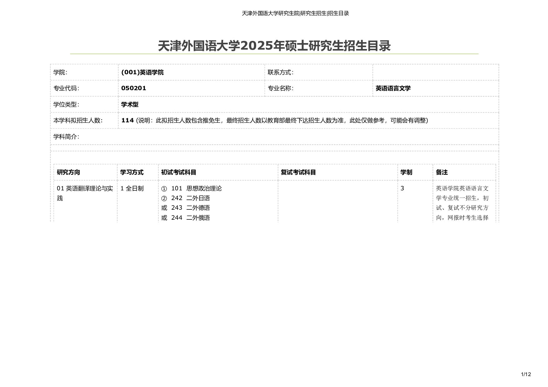 天津外国语大学2025年考研专业 英语语言文学 招生目录及招生人数第1页