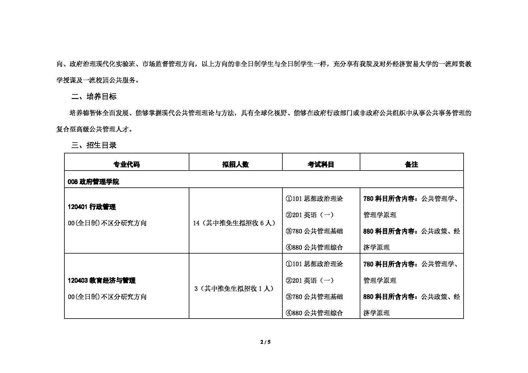 对外经济贸易大学2025年考研专业目录：008政府管理学院第2页