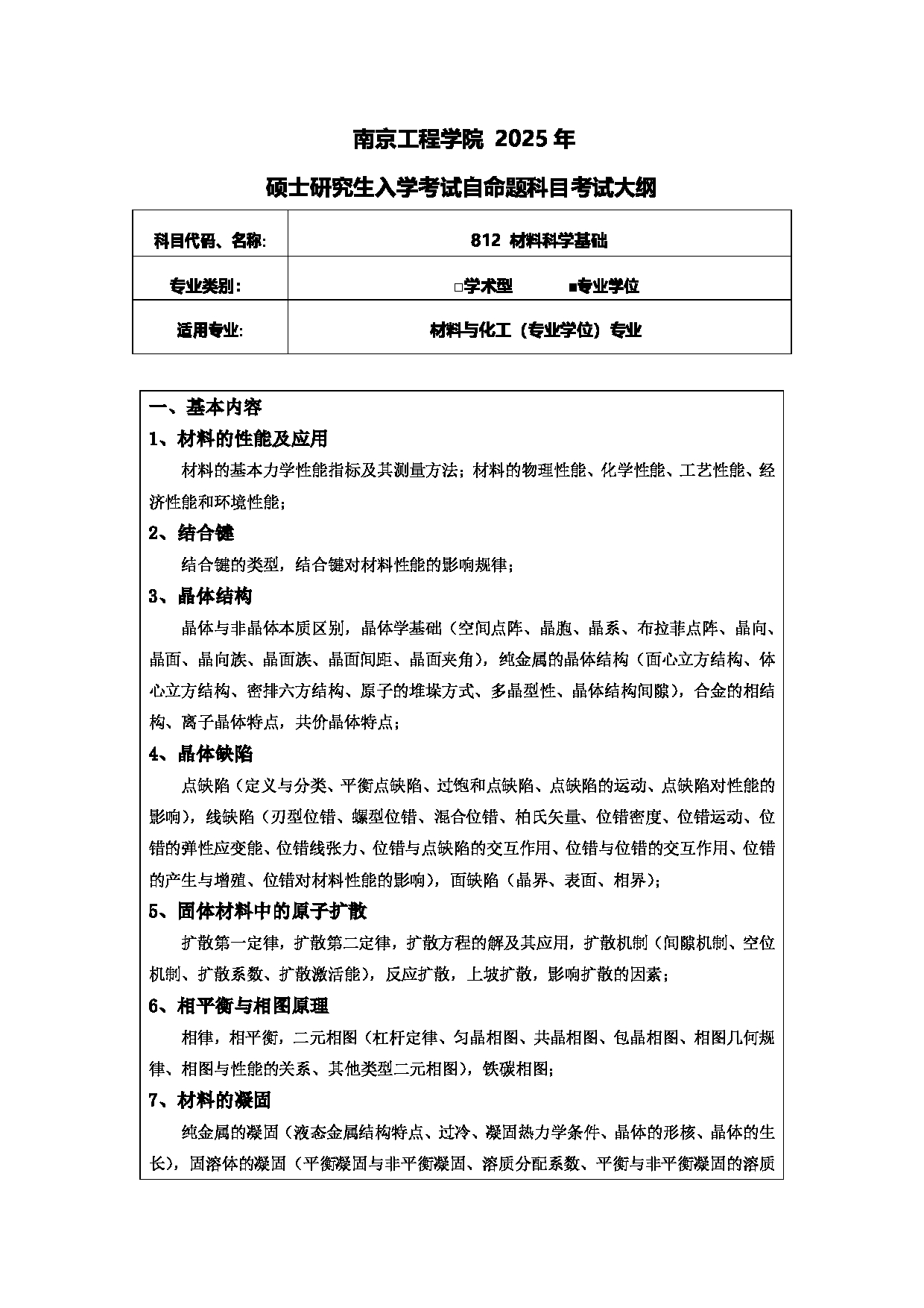 南京工程学院2025年考研大纲：《材料科学基础》考试大纲第1页