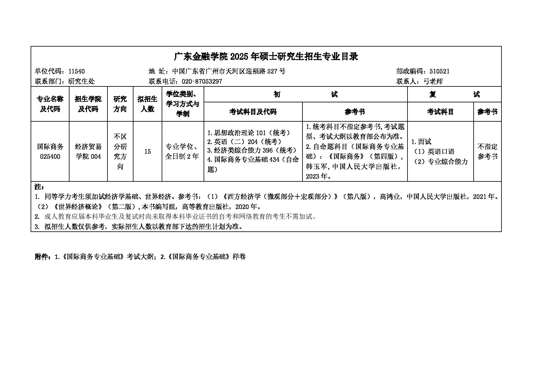 广东金融学院2025年考研大纲：025400国际商务硕士第1页