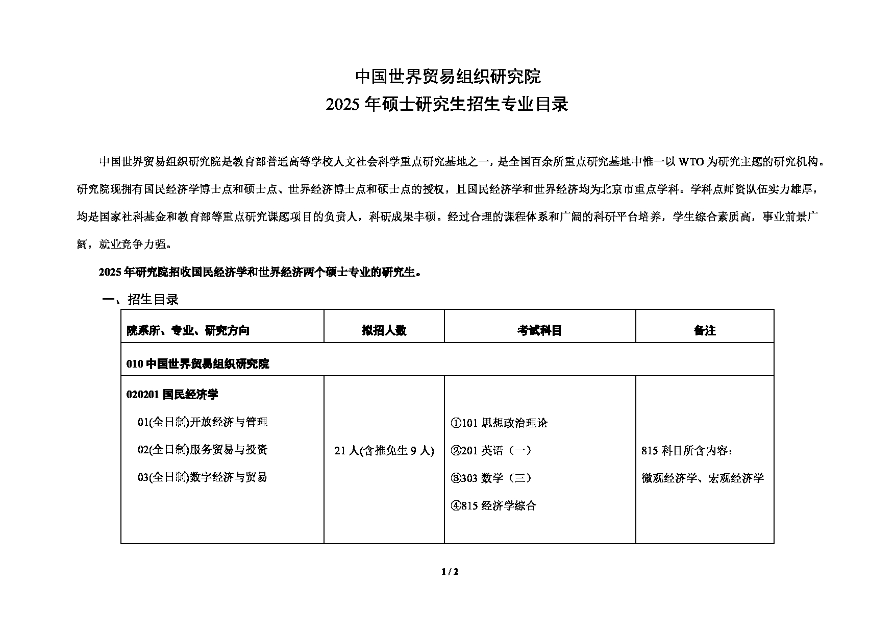 对外经济贸易大学2025年考研专业目录：010中国世界贸易组织研究院第1页