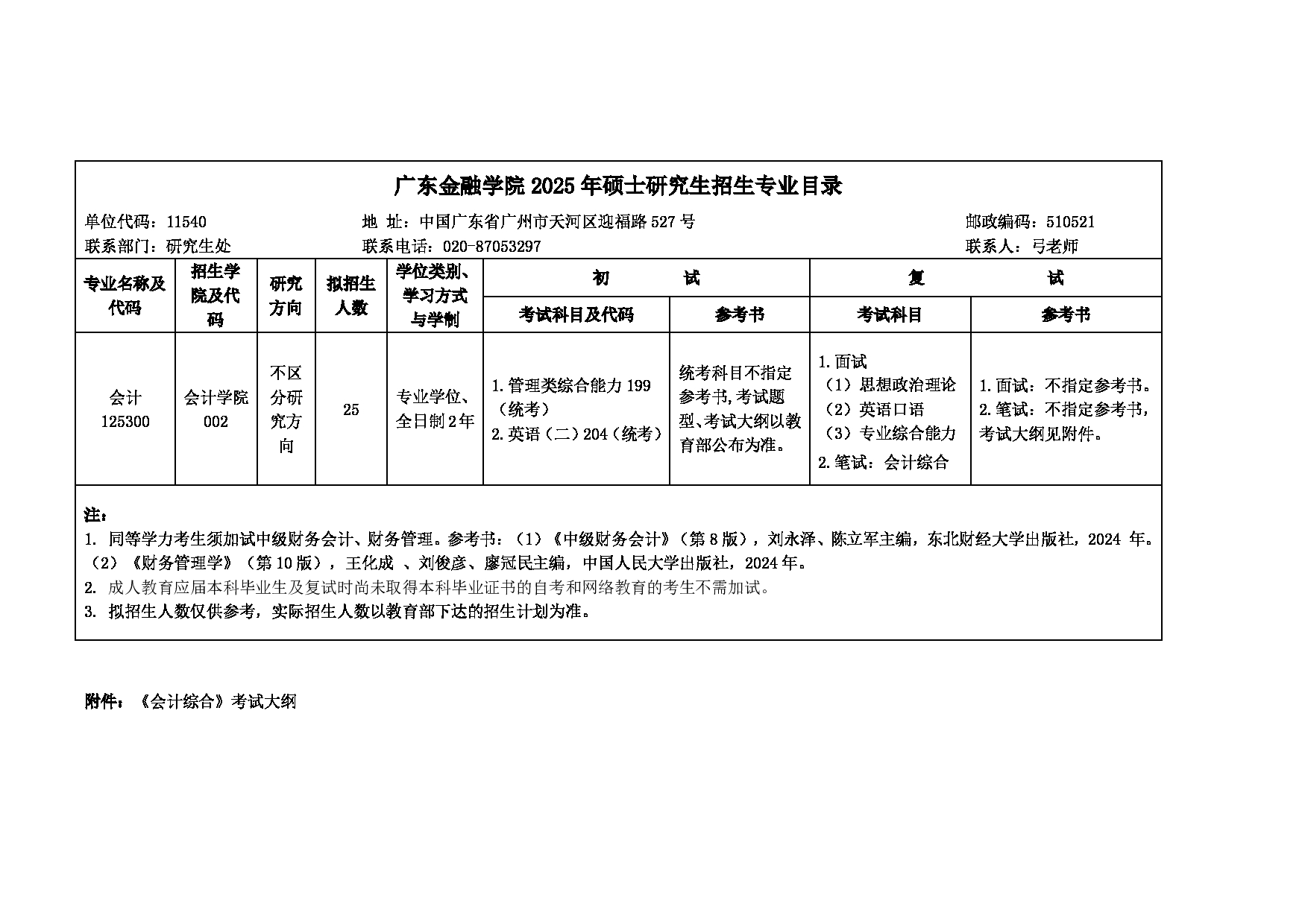 广东金融学院2025年考研大纲：125300会计硕士第1页