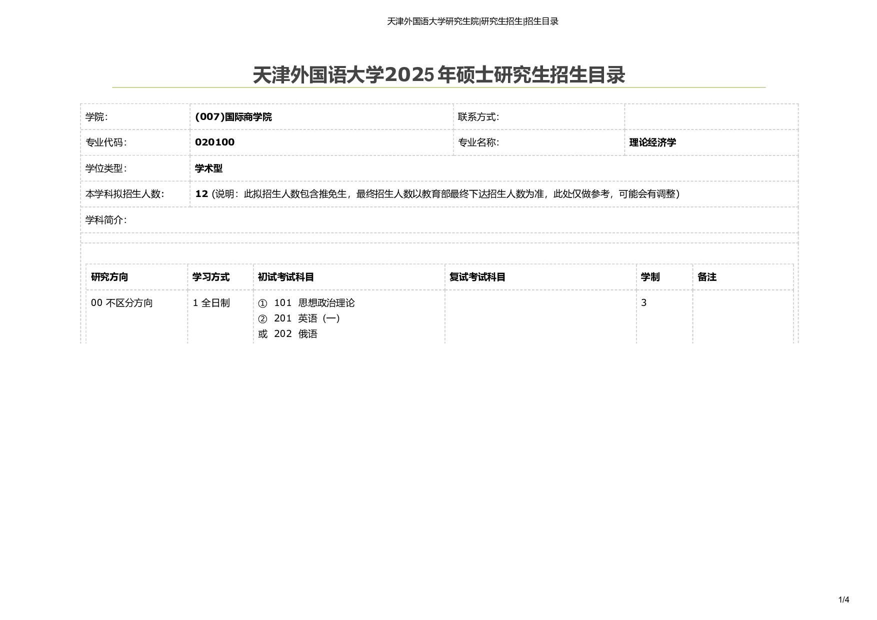 天津外国语大学2025年考研专业 理论经济学 招生目录及招生人数第1页