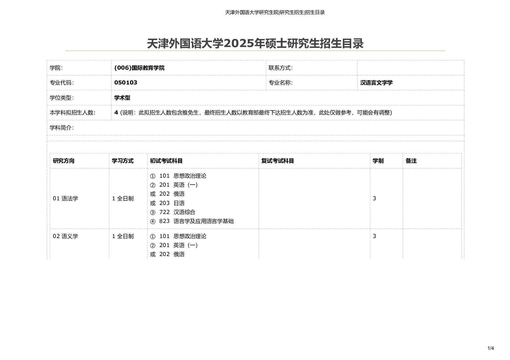 天津外国语大学2025年考研专业 汉语言文字学 招生目录及招生人数第1页