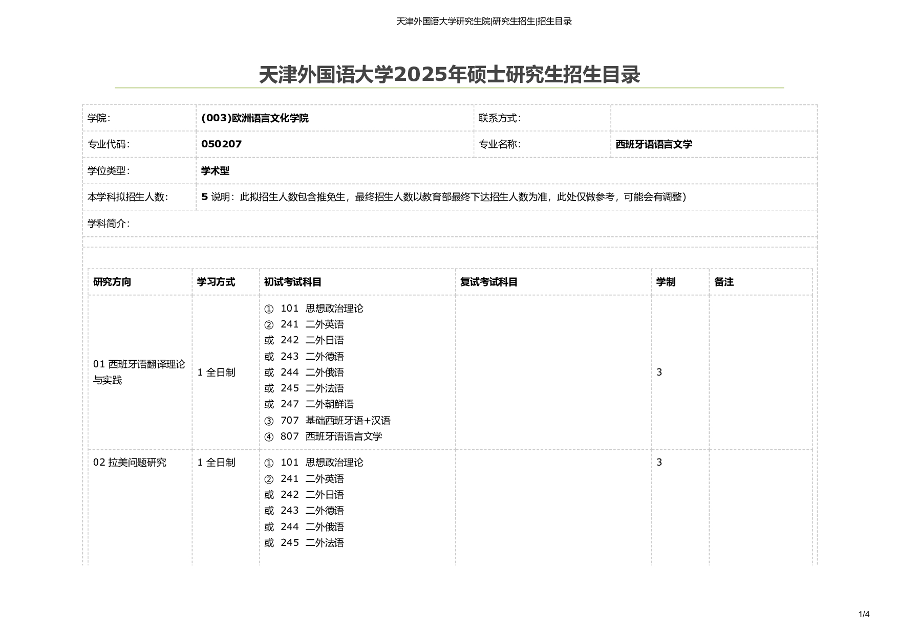 天津外国语大学2025年考研专业 西班牙语语言文学 招生目录及招生人数第1页