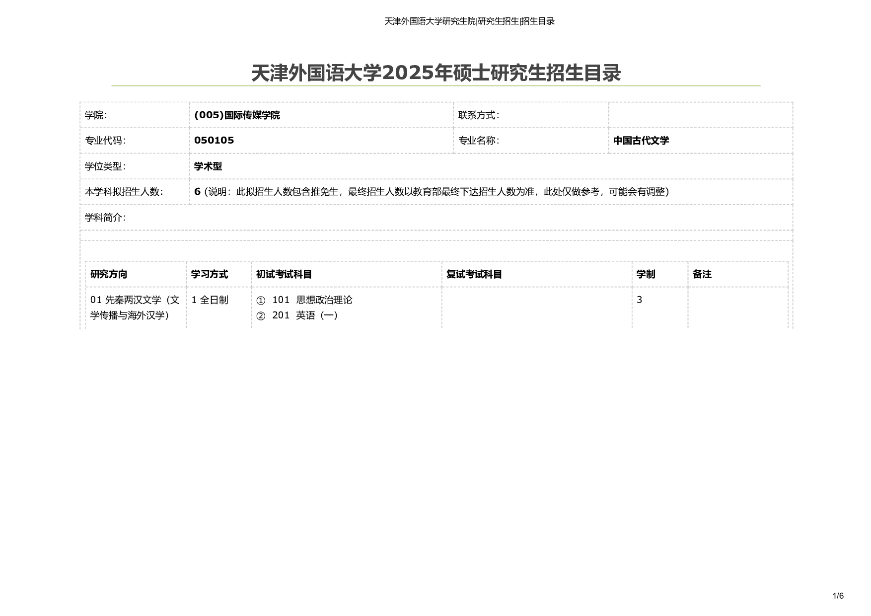 天津外国语大学2025年考研专业 中国古代文学 招生目录及招生人数第1页