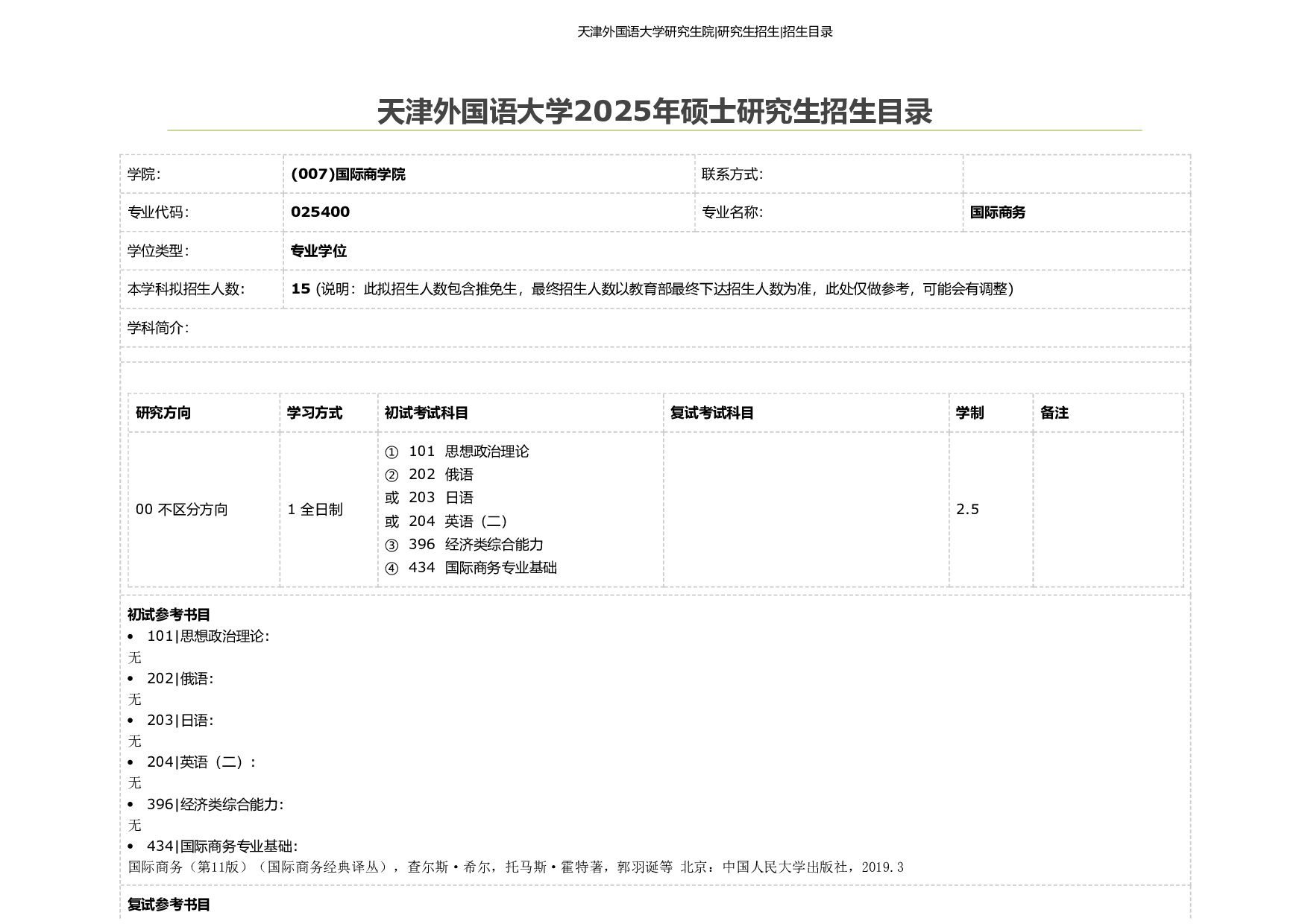 天津外国语大学2025年考研专业 国际商务 招生目录及招生人数第1页