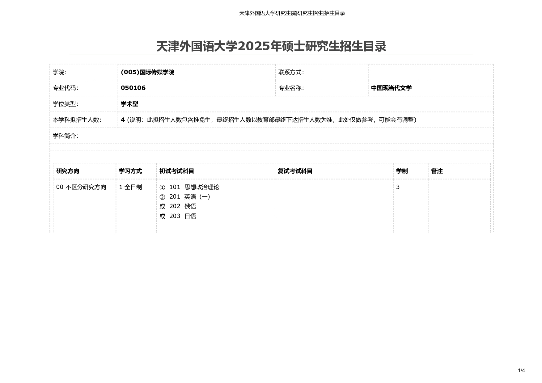 天津外国语大学2025年考研专业 中国现当代文学 招生目录及招生人数第1页