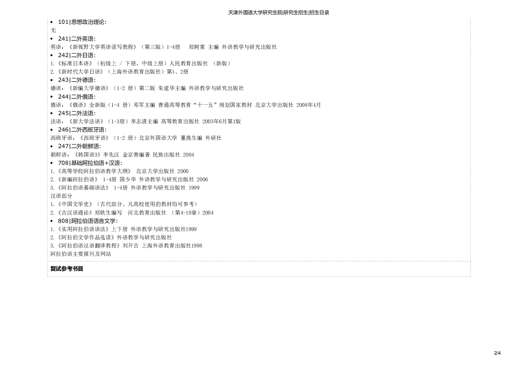 天津外国语大学2025年考研专业 阿拉伯语言文学 招生目录及招生人数第2页