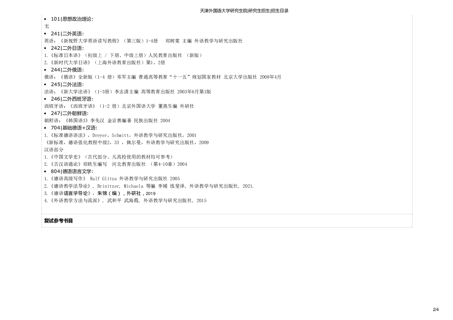 天津外国语大学2025年考研专业 德语语言文学 招生目录及招生人数第2页