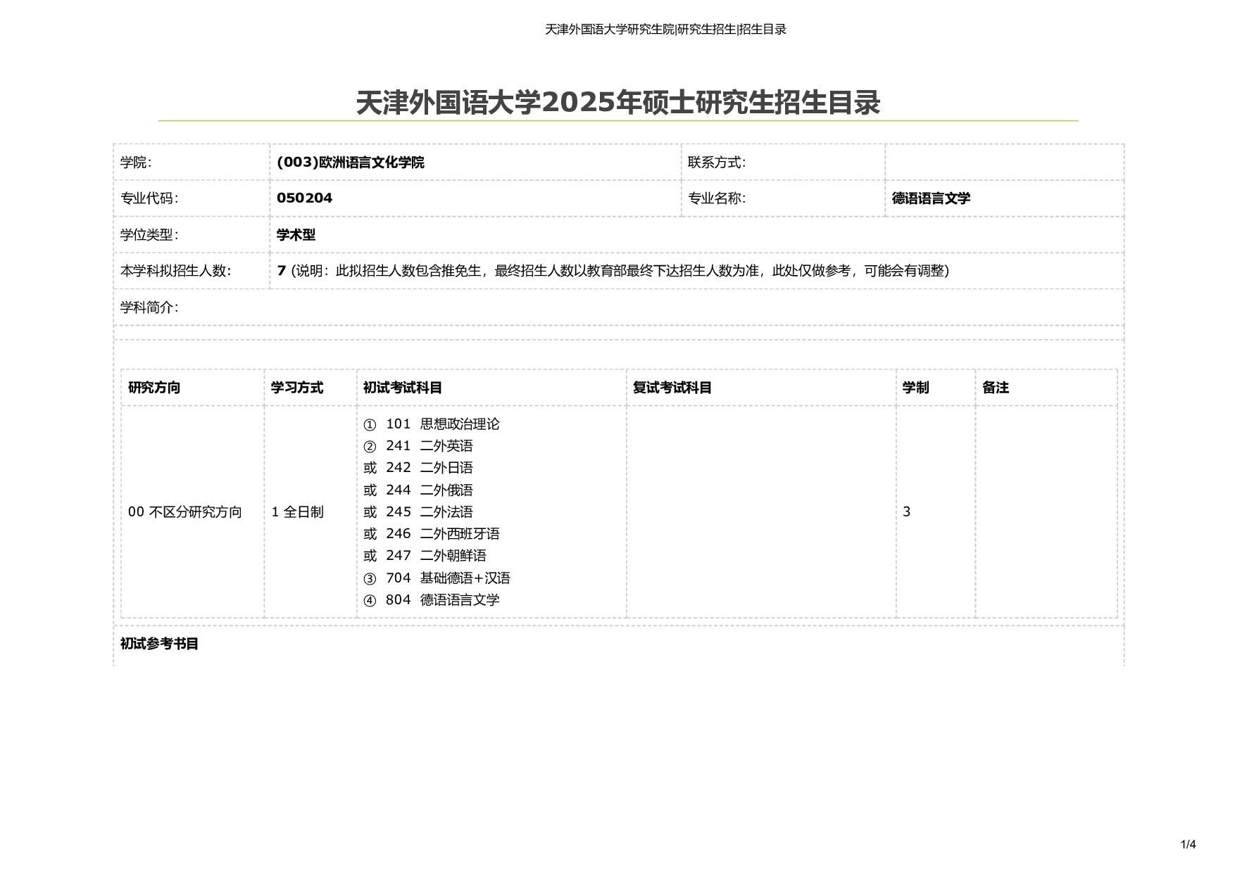 天津外国语大学2025年考研专业 德语语言文学 招生目录及招生人数第1页