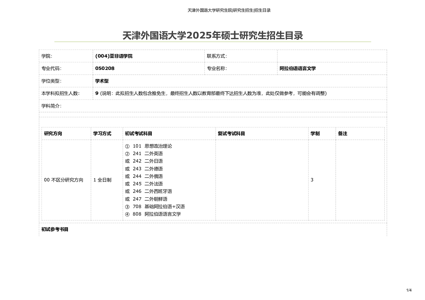 天津外国语大学2025年考研专业 阿拉伯语言文学 招生目录及招生人数第1页